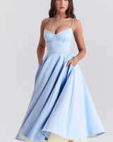 Damen Midikleid mit Bustier-Oberteil Spaghettiträgern Spitzenbesatz am Ausschnitt und Tellerrock mit Seitentaschen in Blau