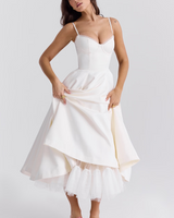 Damen Midikleid mit Bustier-Oberteil Spaghettiträgern Spitzenbesatz am Ausschnitt und Tellerrock mit Seitentaschen in Weiß