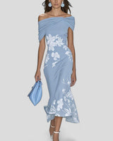 Damen Midikleid mit Carmenausschnitt und Blumenmuster in Blau