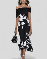 Damen Midikleid mit Carmenausschnitt und Blumenmuster in Schwarz