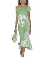 Damen Midikleid mit Carmenausschnitt und Blumenmuster in Grün