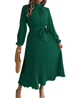 Damen-Midikleid mit Falten, langen Ärmeln und Taillengürtel in Dunkelgrün