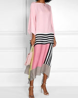 Damen Midikleid mit Fledermausärmeln und asymmetrischem Saum in Farbblock-Muster in Rosa mit Muster