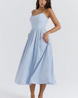 Damen Midikleid mit geradem Ausschnitt und Spaghettiträgern mit Taillenaht und weitem Rock in Blau