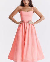 Damen Midikleid mit geradem Ausschnitt und Spaghettiträgern mit Taillenaht und weitem Rock in Rosa