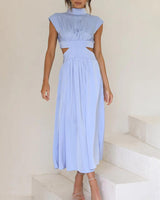 Damen Midikleid mit gerafftem Oberteil Kappenärmeln und seitlichen Taillenausschnitten in Blau