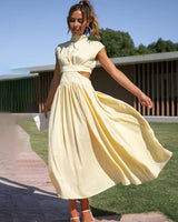 Damen Midikleid mit gerafftem Oberteil Kappenärmeln und seitlichen Taillenausschnitten in Gelb
