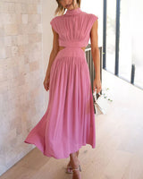 Damen Midikleid mit gerafftem Oberteil Kappenärmeln und seitlichen Taillenausschnitten in Rosa