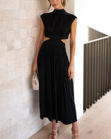 Damen Midikleid mit gerafftem Oberteil Kappenärmeln und seitlichen Taillenausschnitten in Schwarz