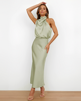 Damen Midikleid mit Halterkragen und drapiertem Oberteil in Hellgrün
