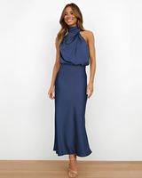 Damen Midikleid mit Halterkragen und drapiertem Oberteil in Marineblau