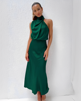 Damen Midikleid mit Halterkragen und drapiertem Oberteil in Grün