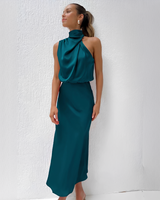 Damen Midikleid mit Halterkragen und drapiertem Oberteil in Saphirblau