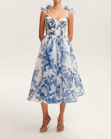 Damen Midikleid mit Herzausschnitt und Bindeträgern mit Schleifen und Blumenmuster in Blau mit Blumenmuster