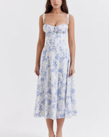 Damen Midikleid mit Herzausschnitt und breiten Trägern mit Ziernähten am Oberteil und Blumenmuster in Blau