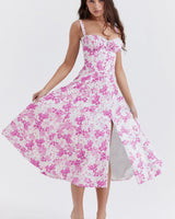 Damen Midikleid mit Herzausschnitt und breiten Trägern mit Ziernähten am Oberteil und Blumenmuster in Rosa