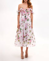 Damen Midikleid mit Herzausschnitt und Rüschenärmeln mit Schnürung am Rücken und Blumenmuster in Weiß mit Blumenmuster
