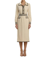 Damen Midikleid mit Knopfleiste und Kragen in Beige