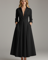 Damen Midikleid mit Kragen, V-Ausschnitt und Faltenrock in Schwarz