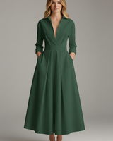 Damen Midikleid mit Kragen, V-Ausschnitt und Faltenrock in Olivgrün