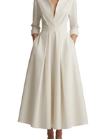 Damen Midikleid mit Kragen, V-Ausschnitt und Faltenrock in Weiß