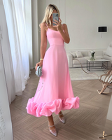 Damen Midikleid mit Spaghettiträgern Gerader Halspartie und Rüschensaum in Rosa
