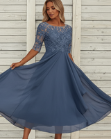Damen MidiKleid mit Spitzenoberteil und ausgestelltem Rock in Blau