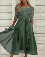 Damen MidiKleid mit Spitzenoberteil und ausgestelltem Rock in Grün
