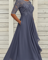 Damen MidiKleid mit Spitzenoberteil und ausgestelltem Rock in Grau