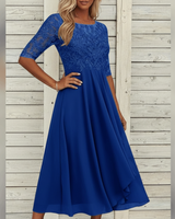Damen MidiKleid mit Spitzenoberteil und ausgestelltem Rock in Dunkelblau