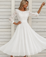 Damen MidiKleid mit Spitzenoberteil und ausgestelltem Rock in Beige