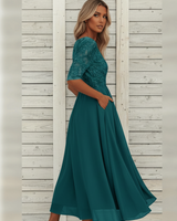 Damen MidiKleid mit Spitzenoberteil und ausgestelltem Rock in Türkisblau