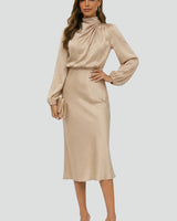 Damen Midikleid mit Stehkragen und langen Ärmeln in Beige