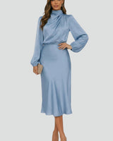 Damen Midikleid mit Stehkragen und langen Ärmeln in Hellblau