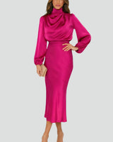 Damen Midikleid mit Stehkragen und langen Ärmeln in Rosa