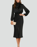 Damen Midikleid mit Stehkragen und langen Ärmeln in Schwarz