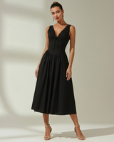 Damen Midikleid mit tiefem V-Ausschnitt und ärmellosem Oberteil in Schwarz