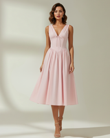 Damen Midikleid mit tiefem V-Ausschnitt und ärmellosem Oberteil in Rosa