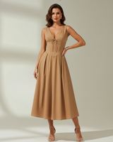 Damen Midikleid mit tiefem V-Ausschnitt und ärmellosem Oberteil in Braun