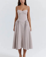 Damen Midikleid mit Trägern und strukturiertem Oberteil in Hellgrau