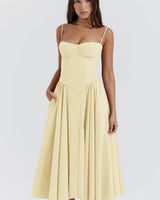 Damen Midikleid mit Trägern und strukturiertem Oberteil in Buttergelb