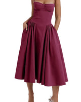 Damen Midikleid mit Trägern und strukturiertem Oberteil in Weinrot