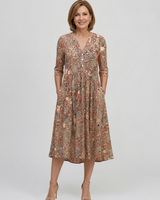 Damen Midikleid mit V-Ausschnitt Dreiviertelärmeln und Blumenmuster in Braun