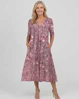 Damen Midikleid mit V-Ausschnitt Dreiviertelärmeln und Blumenmuster in Rosa