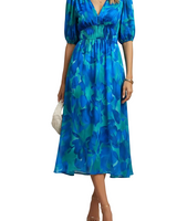 Damen Midikleid mit V-Ausschnitt, elastischer Taille und Puffärmeln in blau