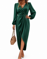 Damen Midikleid mit V-Ausschnitt, langen Ärmeln und Drapierung in Grün