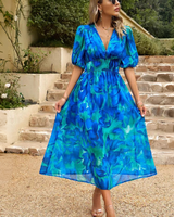 Damen Midikleid mit V-Dekolleté Puffärmeln und Geraffter Taillenpartie in Blau