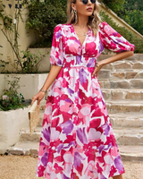 Damen Midikleid mit V-Dekolleté Puffärmeln und Geraffter Taillenpartie in Rosa