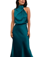 Damen Midikleid ohne Ärmel mit drapiertem Stehkragen in Türkisblau