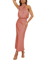 Damen Midikleid ohne Ärmel mit drapiertem Stehkragen in Rosa